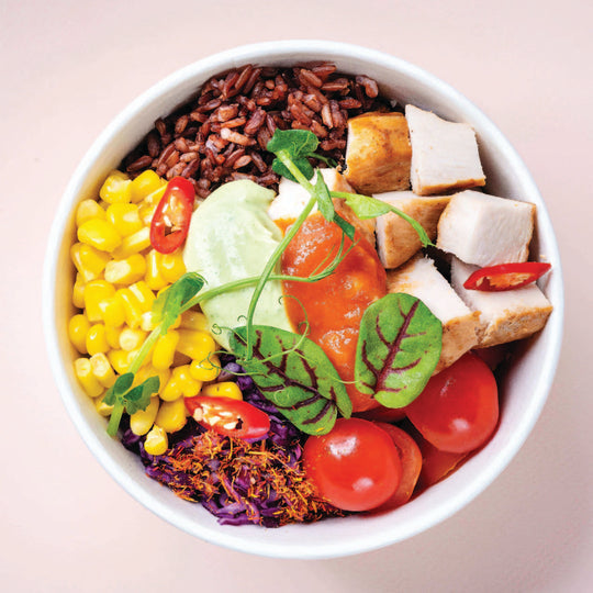 RIce bowl with chicken, corn and tomatos
